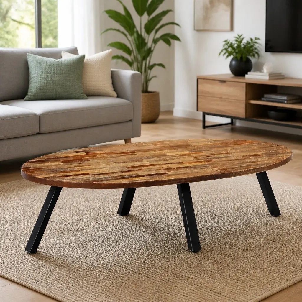 Reclaimed Teak Oval Coffee Table 120cm Solid Wood with Steel Legs Natural Finish Living Room Accent Furniture