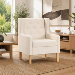 Armchair White Fabric Padded Foam Upholstered Wooden Frame Living Room Seating