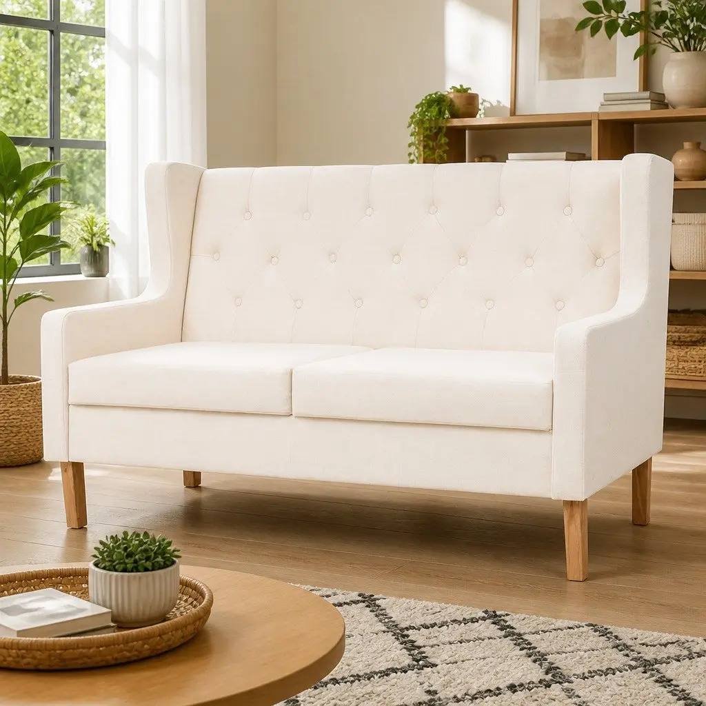 2-Seater Sofa Upholstered Polyester Foam Padded Solid Wooden Frame Cream White