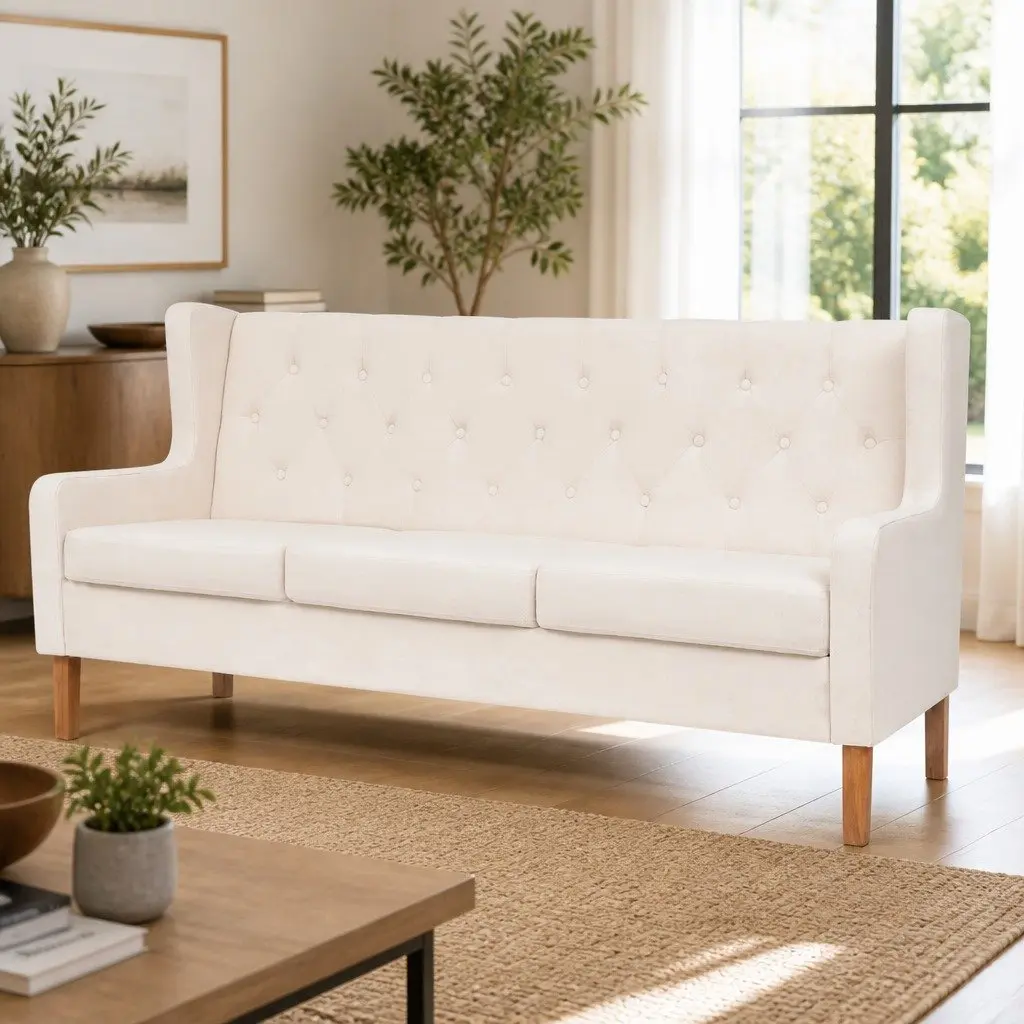 3-Seater Sofa White Polyester Fabric Solid Wood Frame Lounge Couch