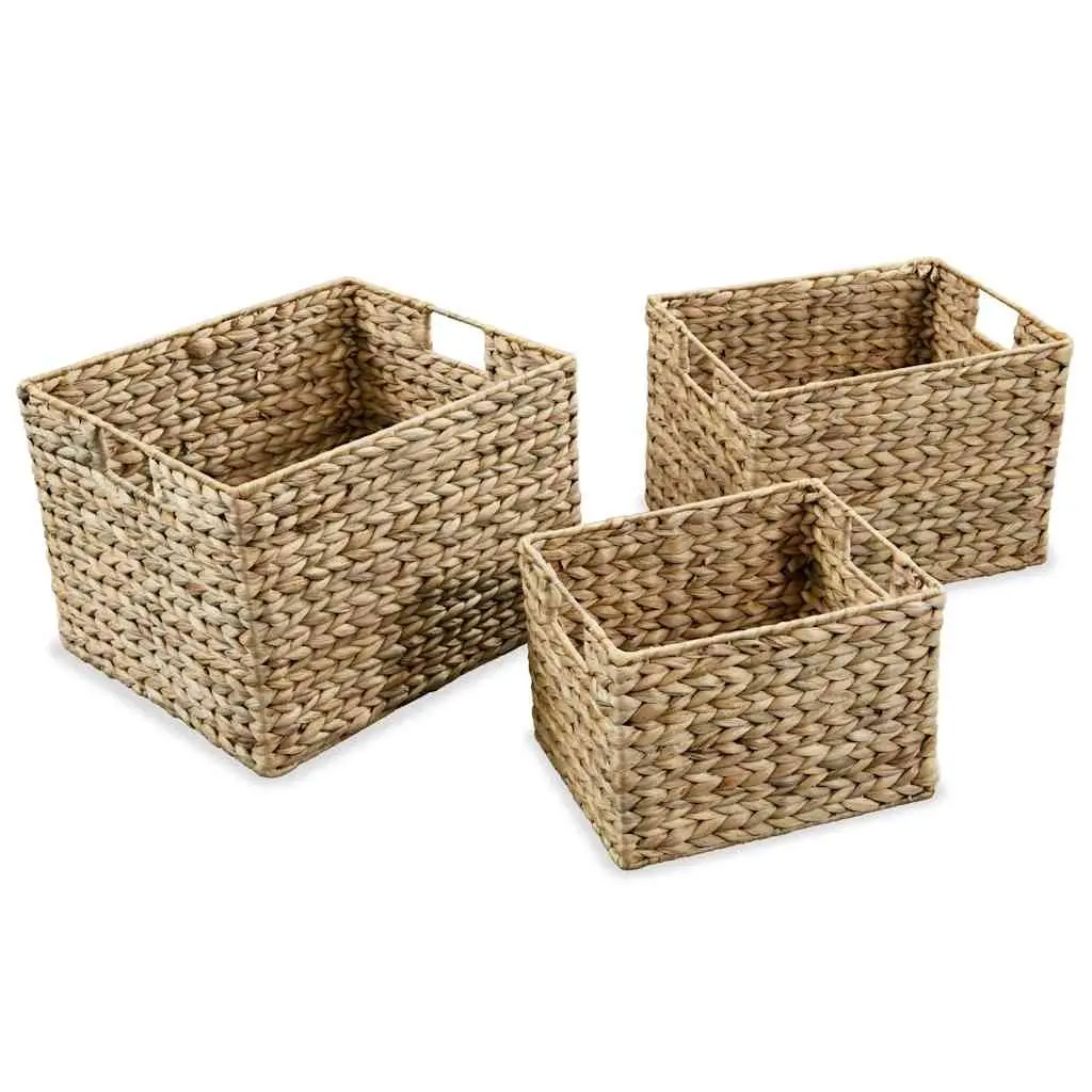 Storage Basket Set 3 Pieces Water Hyacinth Brown Woven Household Organizer
