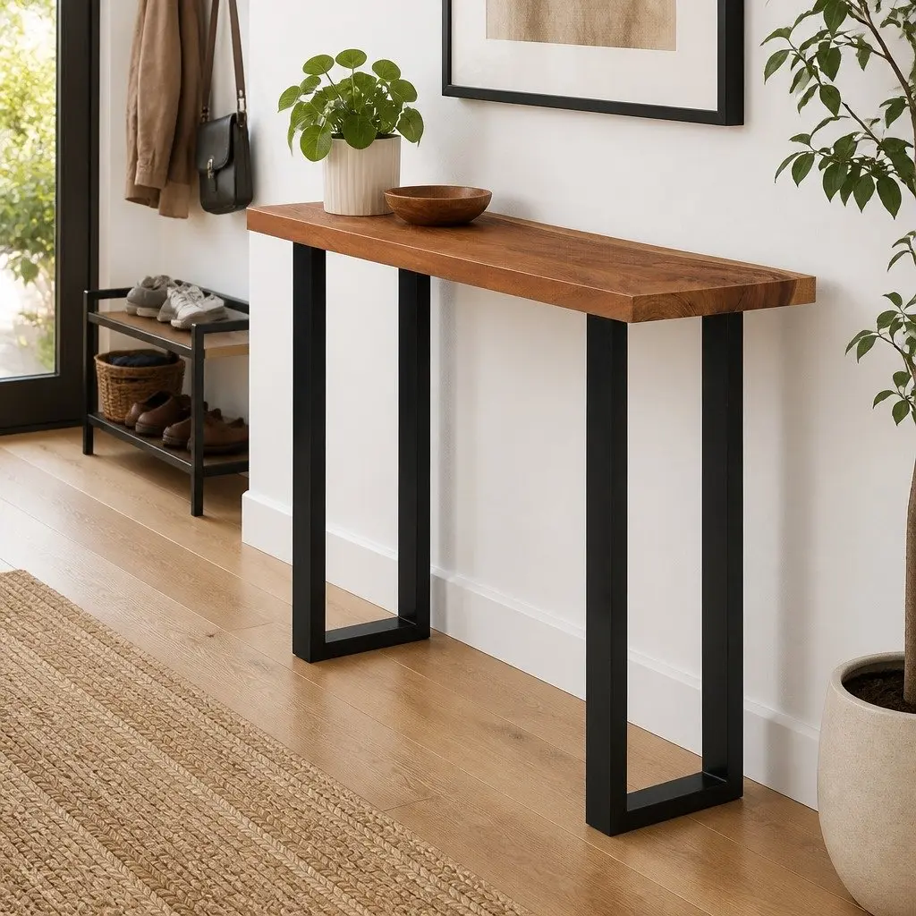 Console Table Brown Solid Suar Wood 110cm x 35cm x 75cm with Steel Frame and Natural Live Edges