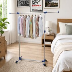 Adjustable Clothes Rack Garment Storage Organiser Rolling Castors Silver Frame