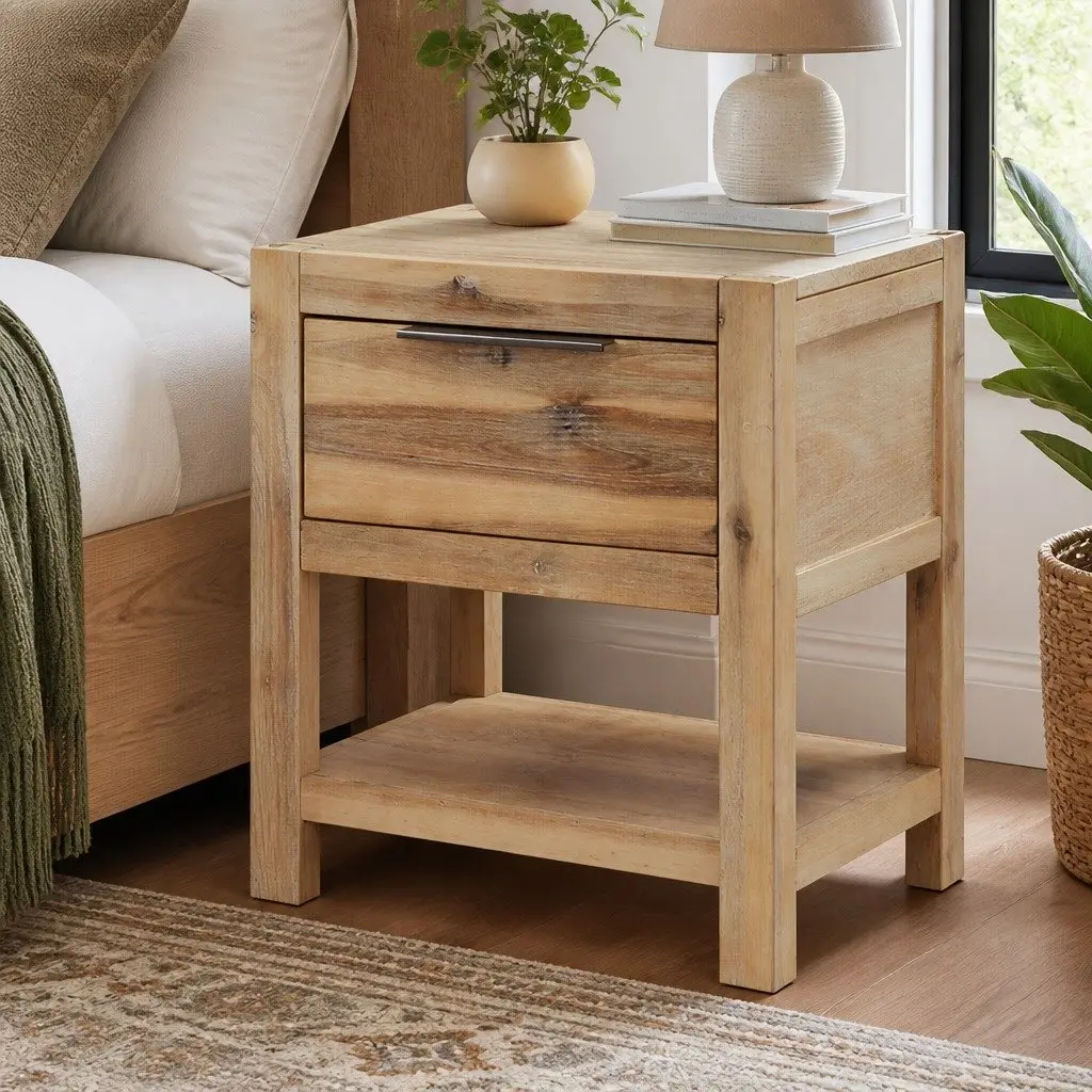 Bedside Table Nightstand with Drawer Solid Wood Brown Bedroom Furniture 40x30x48
