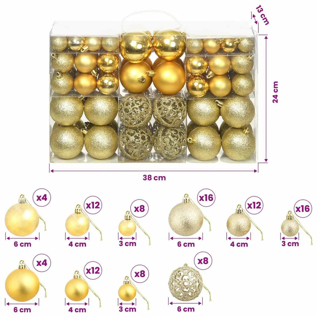 Christmas Ball Ornaments Set Shatterproof Plastic 3cm 4cm 6cm Gold