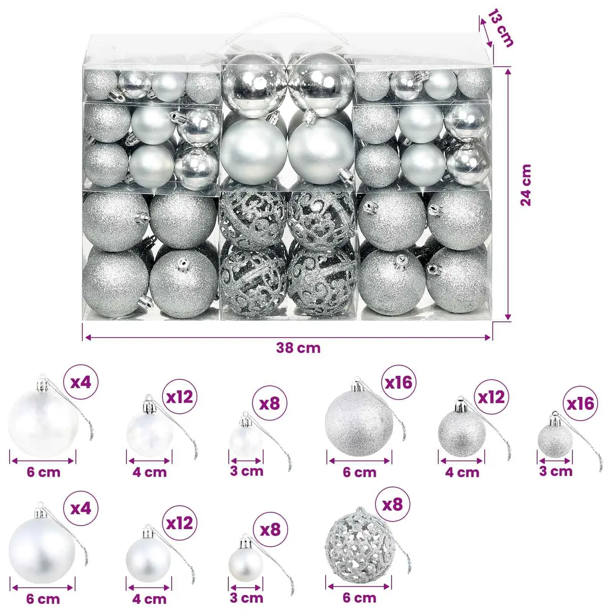 Christmas Ball Ornament Set Shatterproof Plastic 3cm 4cm 6cm Silver