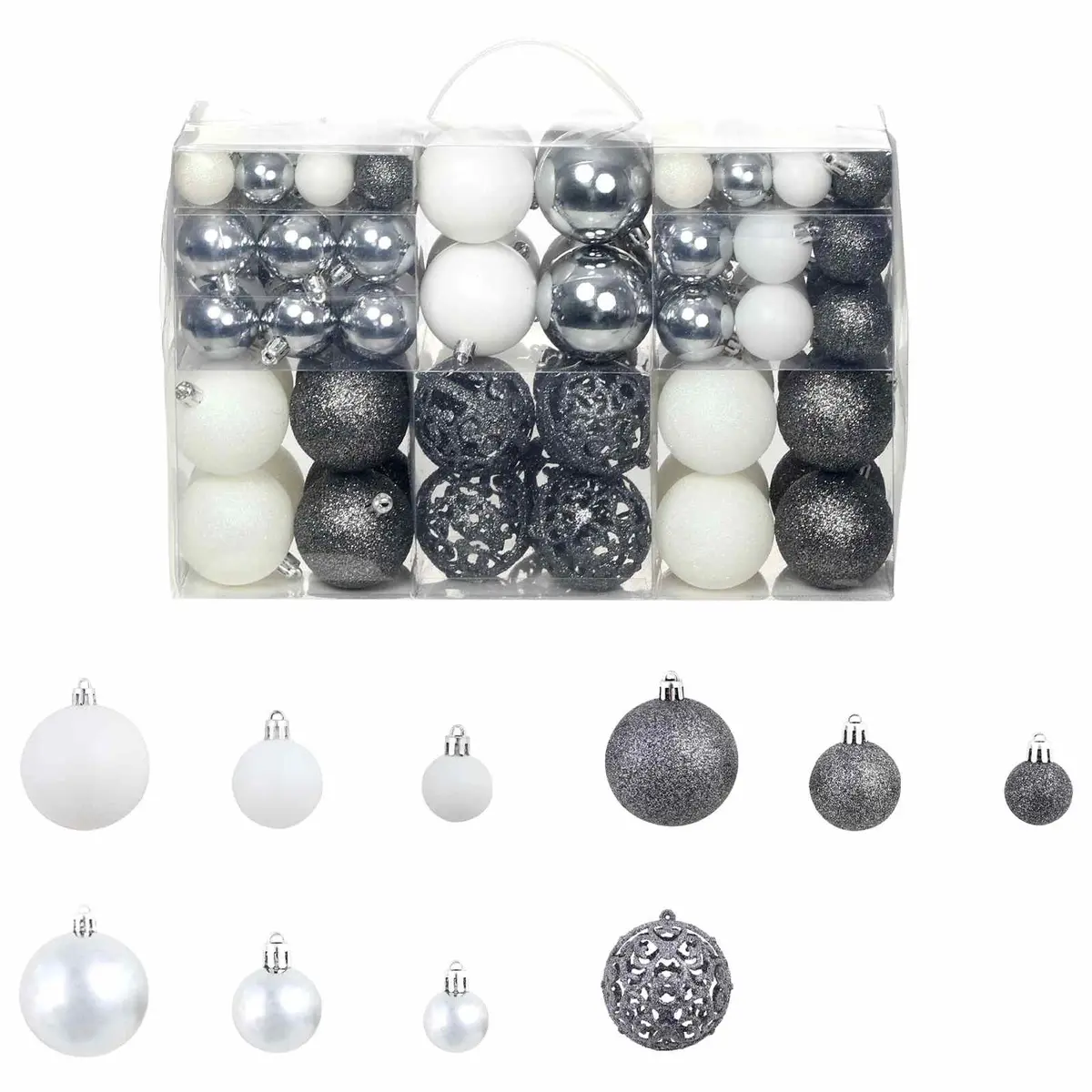 Christmas Bauble Ornament Set Shatterproof White Grey 3cm 4cm 6cm Plastic 100 Piece