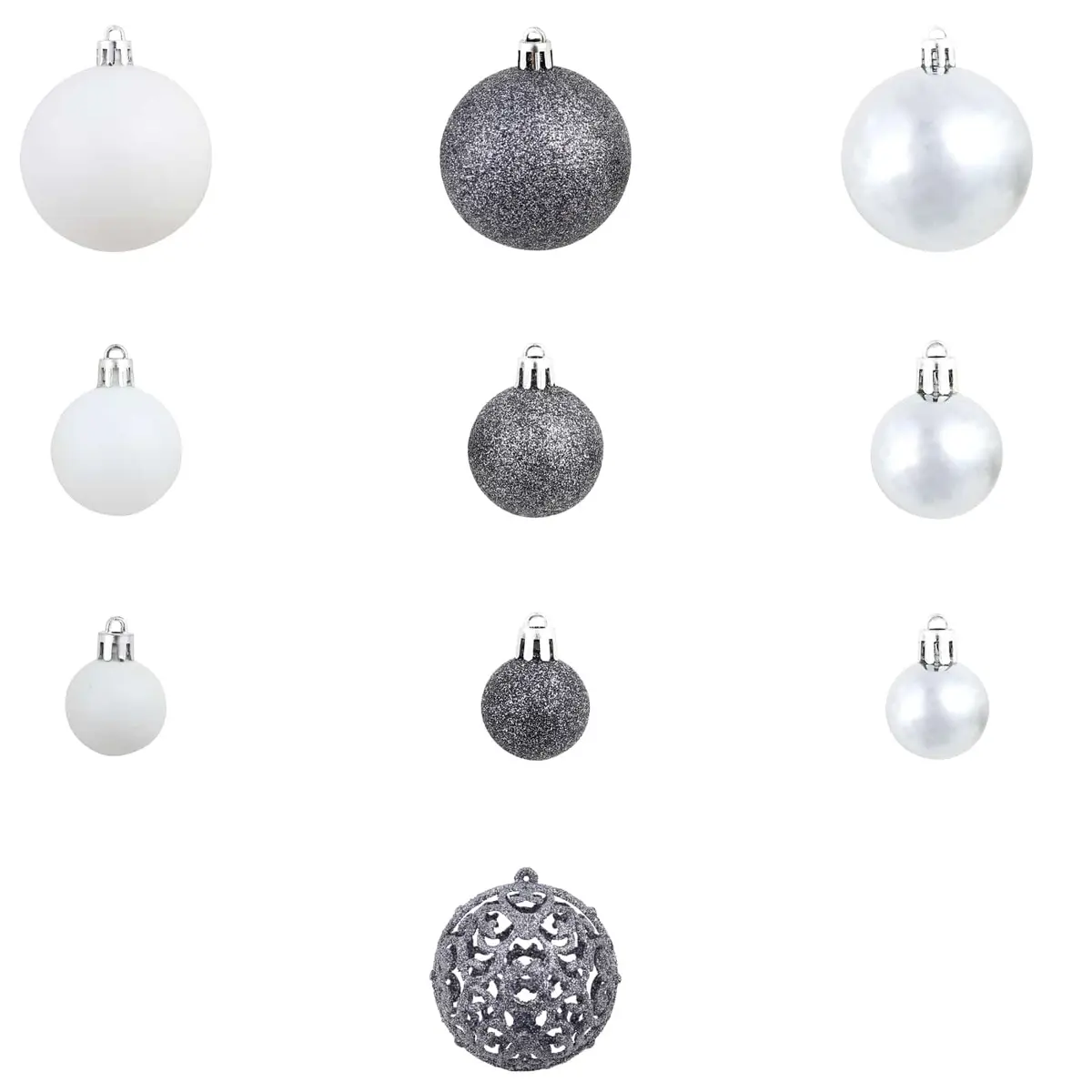 Christmas Bauble Ornament Set Shatterproof White Grey 3cm 4cm 6cm Plastic 100 Piece