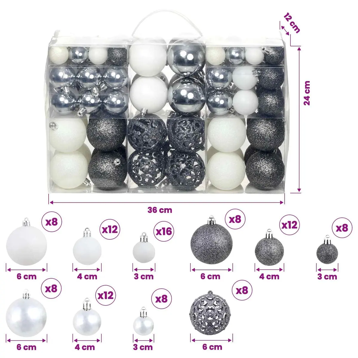 Christmas Bauble Ornament Set Shatterproof White Grey 3cm 4cm 6cm Plastic 100 Piece