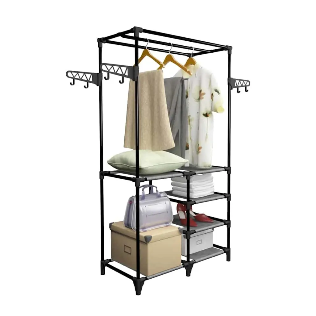 Clothes Rack Steel Frame Black with Non-woven Fabric Shelves and Hooks for Garment Storage