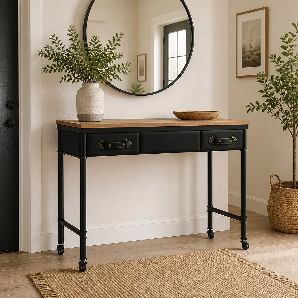 Console Table Solid Fir Wood MDF Steel Frame 100x33.5x80cm Multicolour 2 Drawers 4 Castors