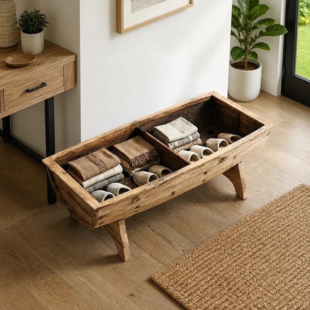 Storage Bench 103x51x44 cm Solid Wood Fabric Seat Barrel Shape Rustic Entryway