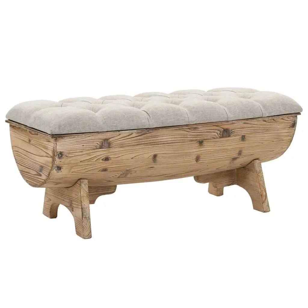 Storage Bench Solid Wood 103x51x44 cm Cream Fabric Seat Barrel Shape Rustic