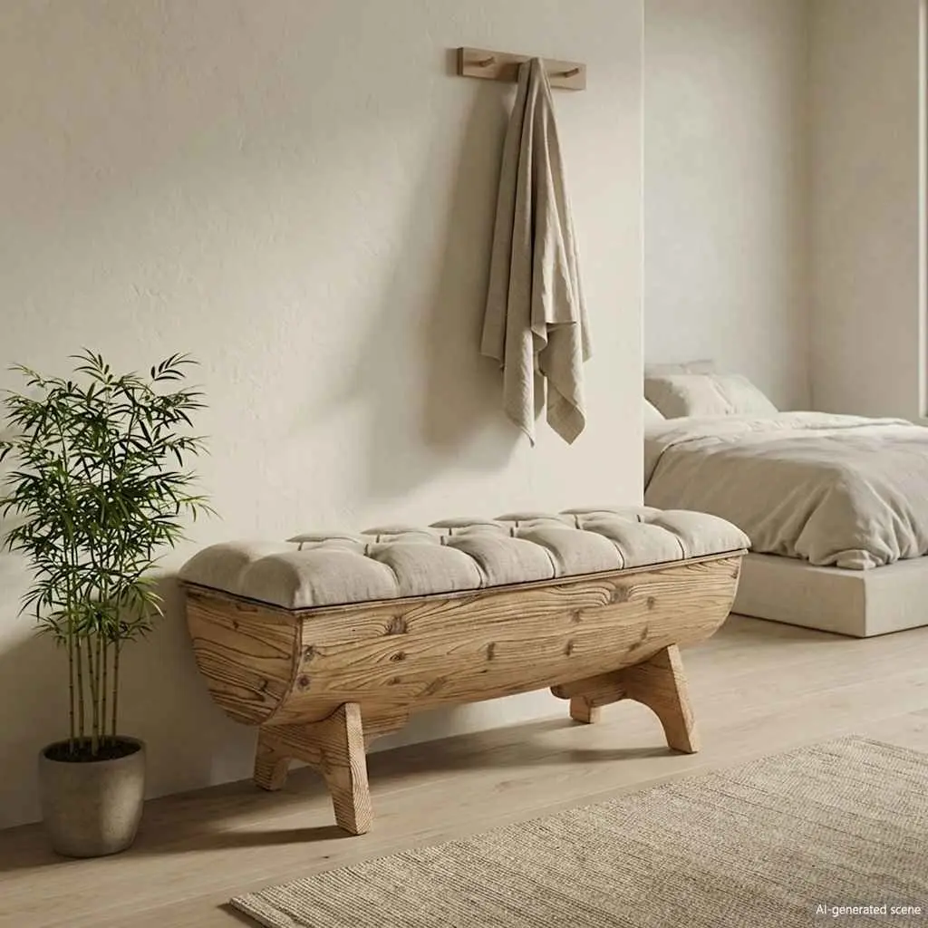 Storage Bench Solid Wood 103x51x44 cm Cream Fabric Seat Barrel Shape Rustic