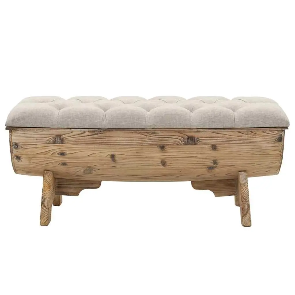 Storage Bench Solid Wood 103x51x44 cm Cream Fabric Seat Barrel Shape Rustic