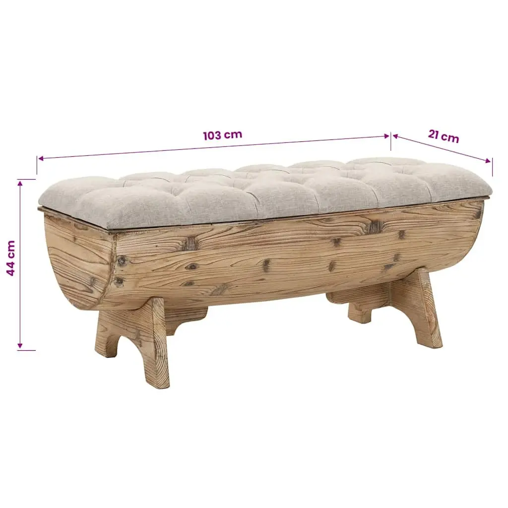 Storage Bench Solid Wood 103x51x44 cm Cream Fabric Seat Barrel Shape Rustic