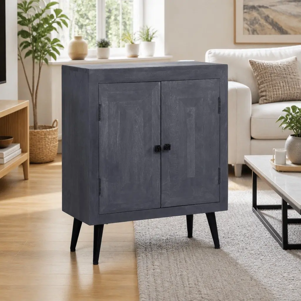 Sideboard Solid Mango Wood Grey Lacquered Retro Style 60 x 30 x 76 cm