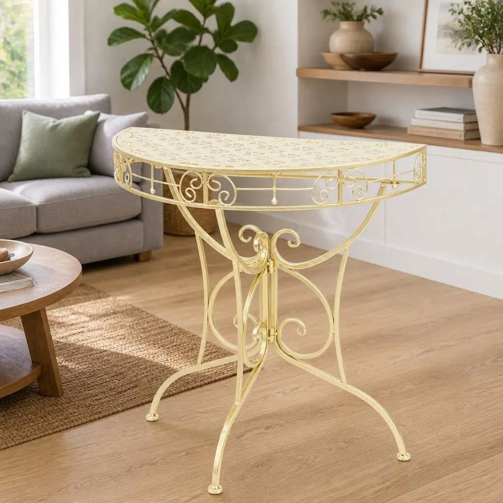 Vintage Style Half Round Side Table Gold Metal 72x36x74cm Antique Finish Display Stand