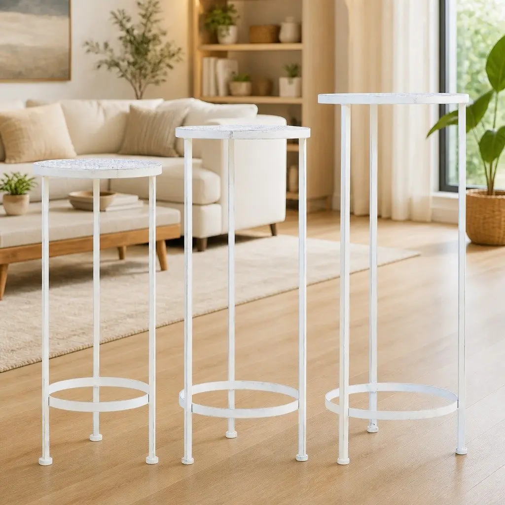 Plant Stand Set 3 Pieces Metal Antique White Vintage Nesting Garden Home Decor