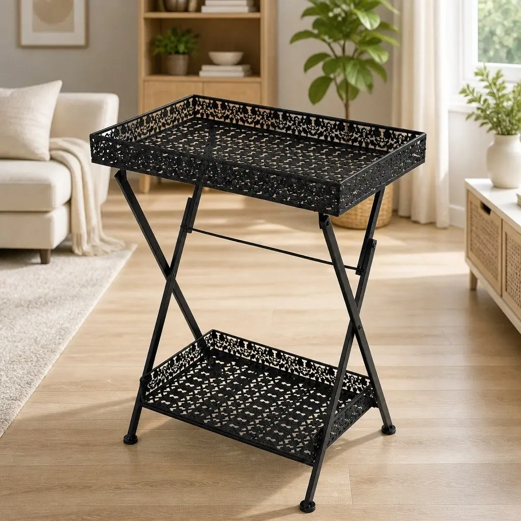 Folding Tea Table Vintage Style Metal Black