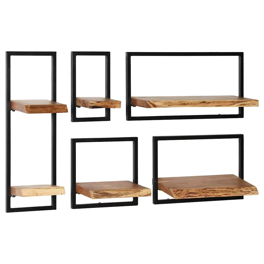 5 Piece Wall Shelf Set Retro Acacia Wood and Steel Frame Display Storage Brown