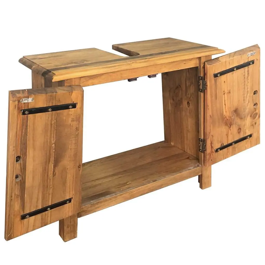 Bathroom Vanity Cabinet Solid Pinewood 70W x 32D x 63H cm Brown Retro Storage Unit