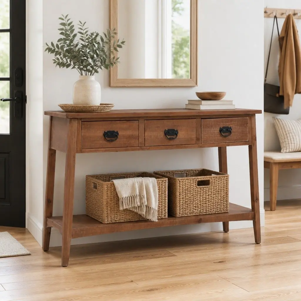 Accent Table Console Brown Solid Fir Wood 126cm Rustic Vintage Style Storage Display