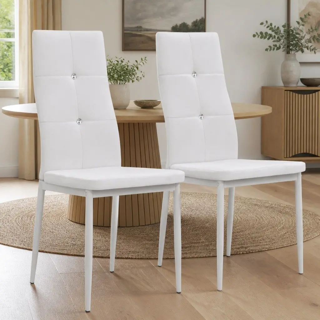 Dining Chairs Wooden Frame Steel Legs Padded Faux Leather White 2 Piece