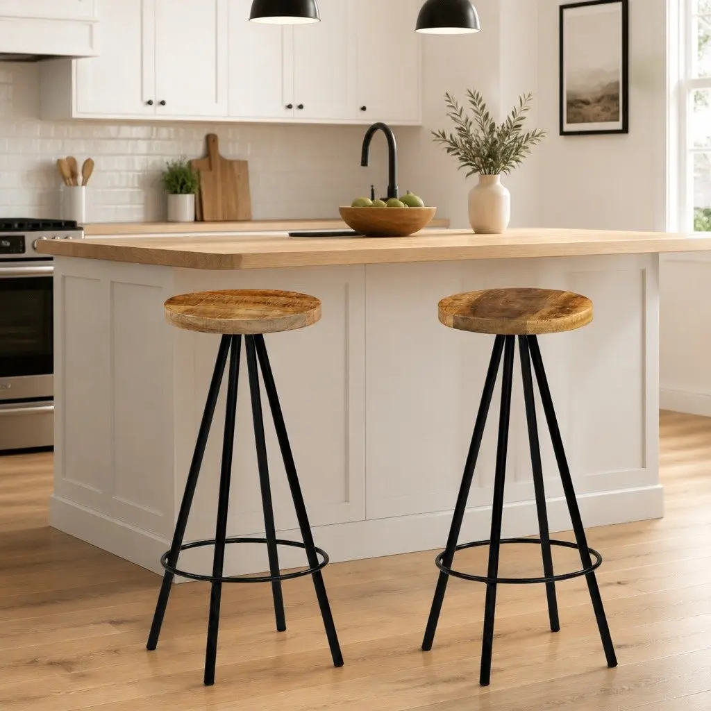 Bar Stools Solid Mango Wood 2 Piece Brown Industrial Seating