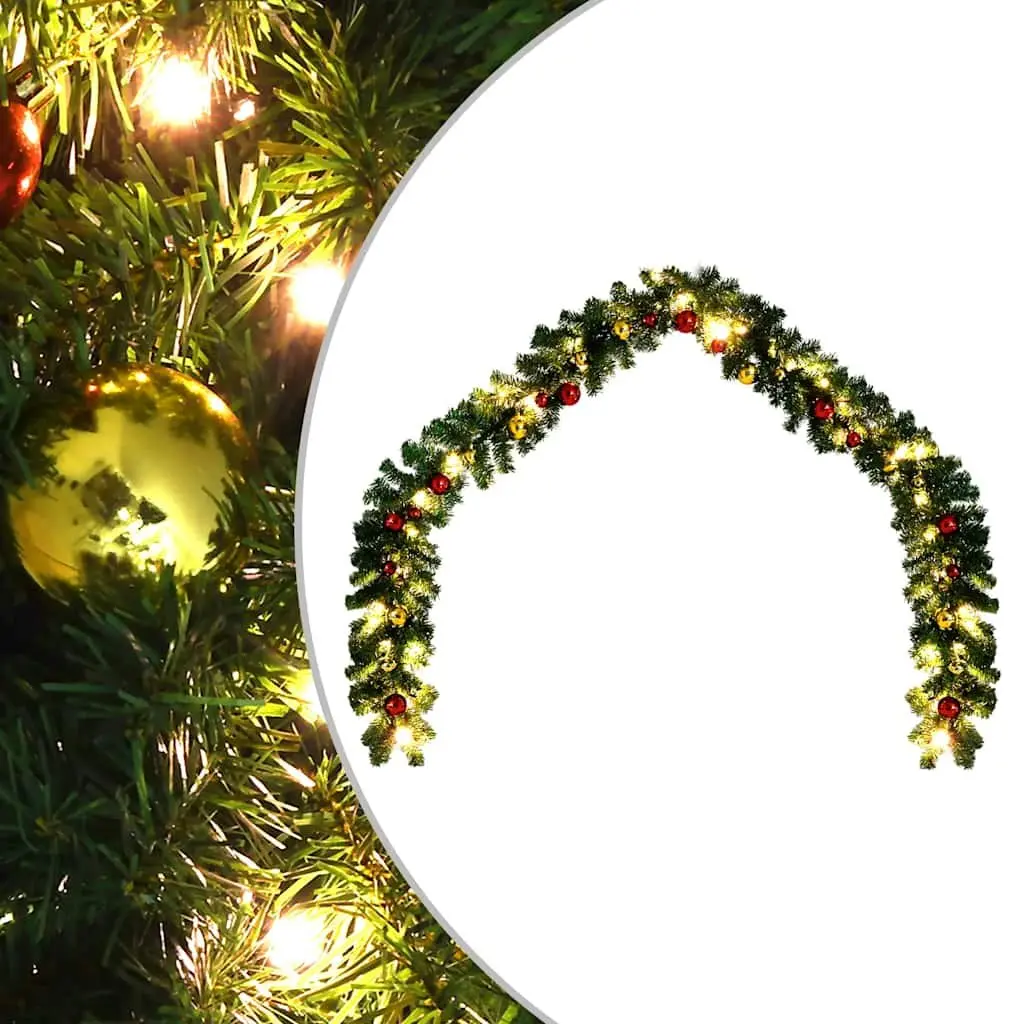 Green Christmas Garland 10m with LED Lights and Baubles for Holiday Indoor and Outdoor Decoration