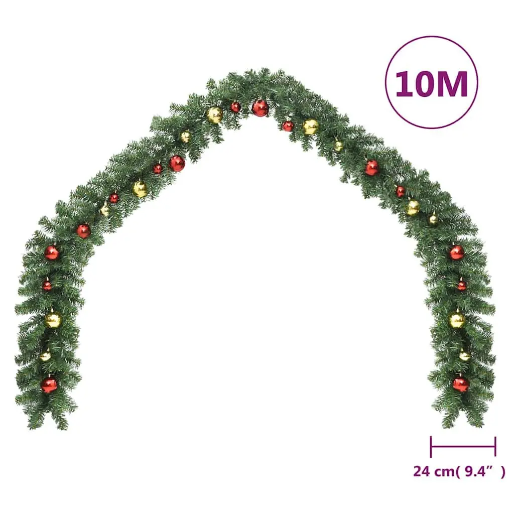 Green Christmas Garland 10m with LED Lights and Baubles for Holiday Indoor and Outdoor Decoration