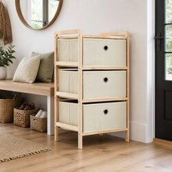 Functional Wooden Organizer Rack with 3 Fabric Baskets