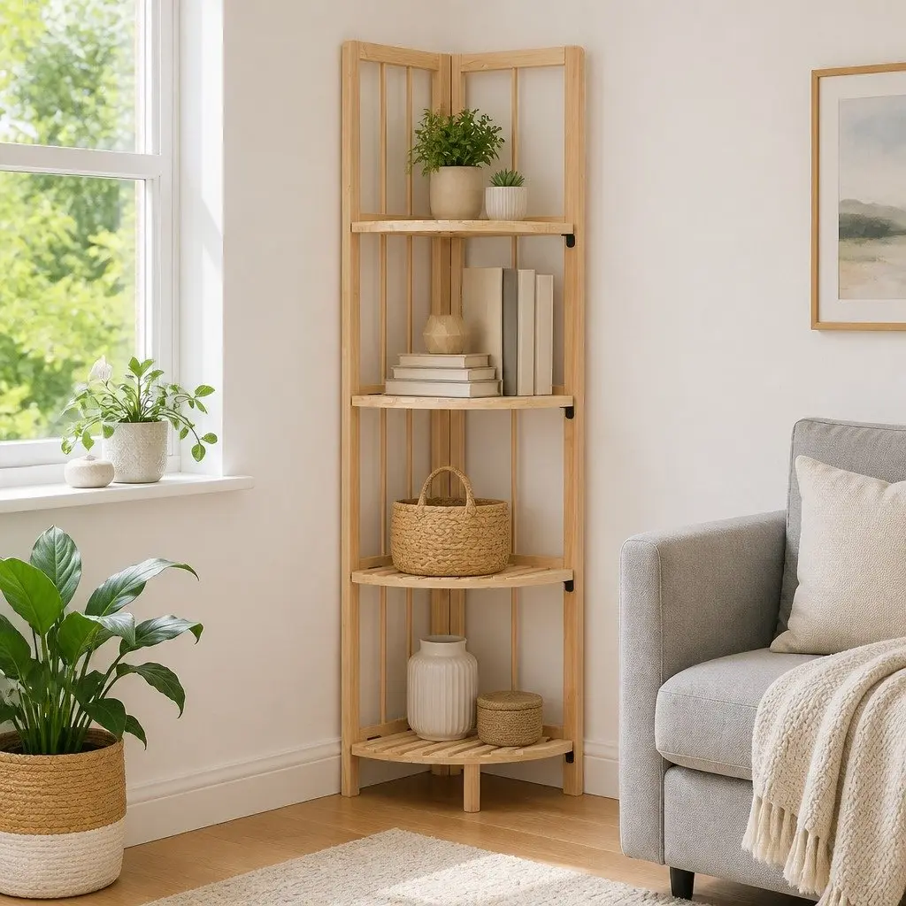 Corner Shelf Solid Cedar Wood Freestanding Storage Organizer 27 x 27 x 110 cm Beige