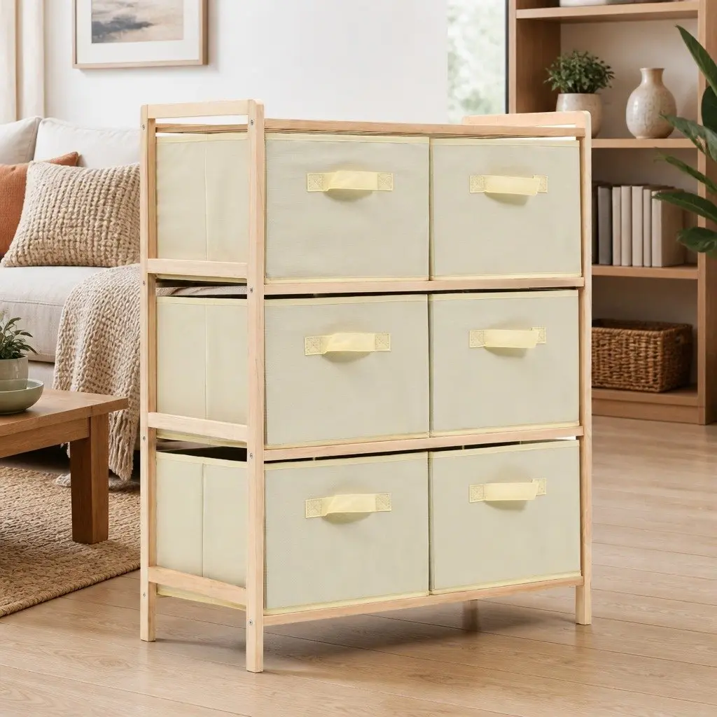 6 Fabric Baskets Storage Rack Lightweight Cedar Wood Home Organizer