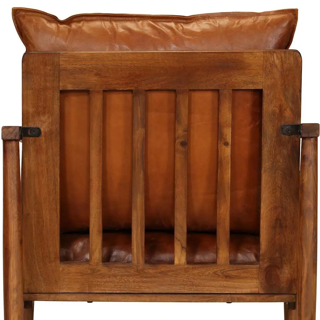 Armchair Brown Goat Leather Upholstered Solid Acacia Wood Frame Relaxation Seating