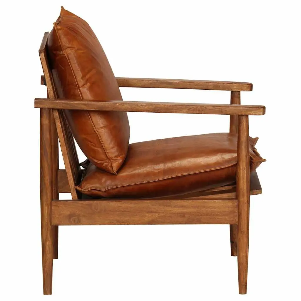 Armchair Brown Goat Leather Upholstered Solid Acacia Wood Frame Relaxation Seating