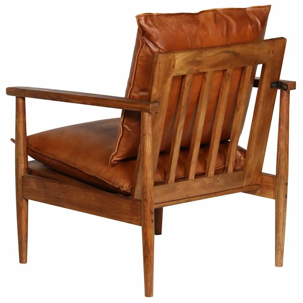 Armchair Brown Goat Leather Upholstered Solid Acacia Wood Frame Relaxation Seating
