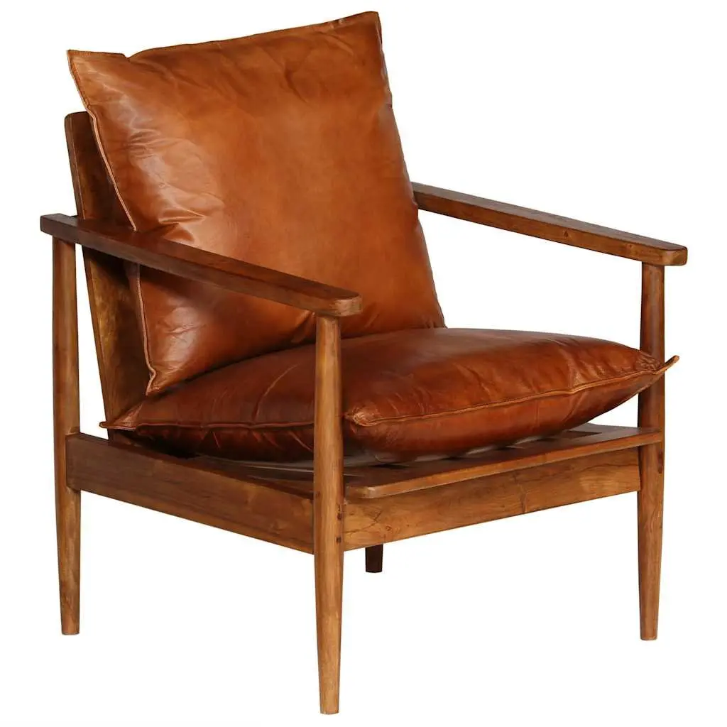 Armchair Brown Goat Leather Upholstered Solid Acacia Wood Frame Relaxation Seating