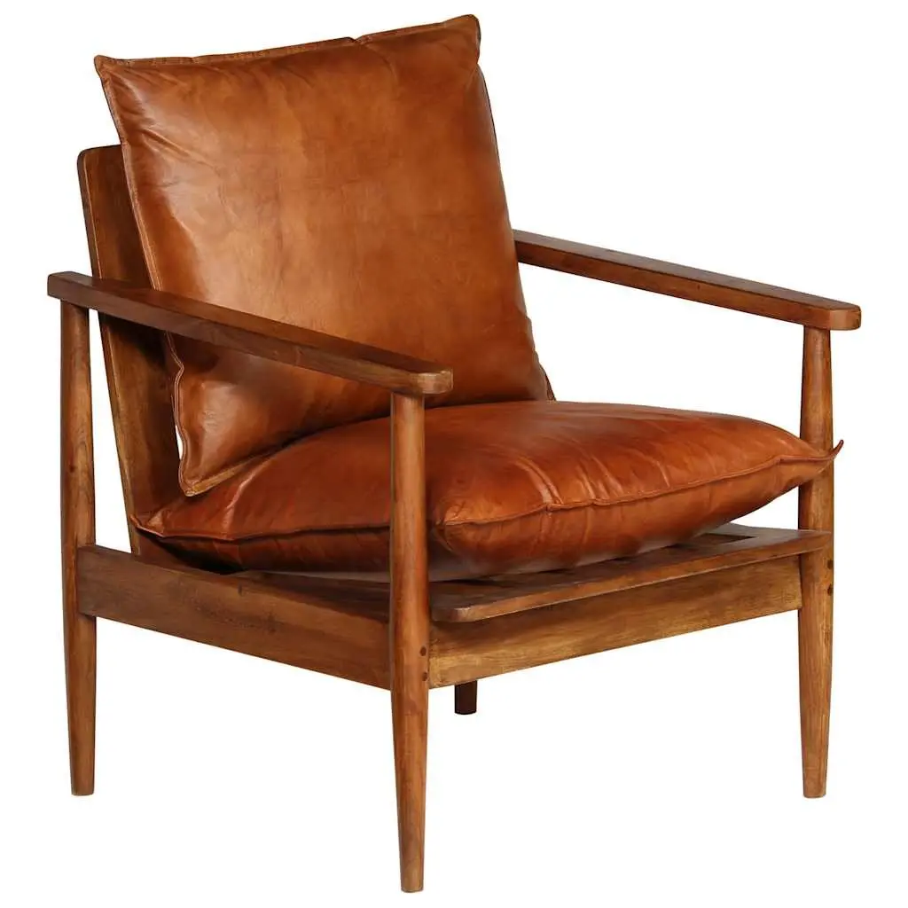 Armchair Brown Goat Leather Upholstered Solid Acacia Wood Frame Relaxation Seating