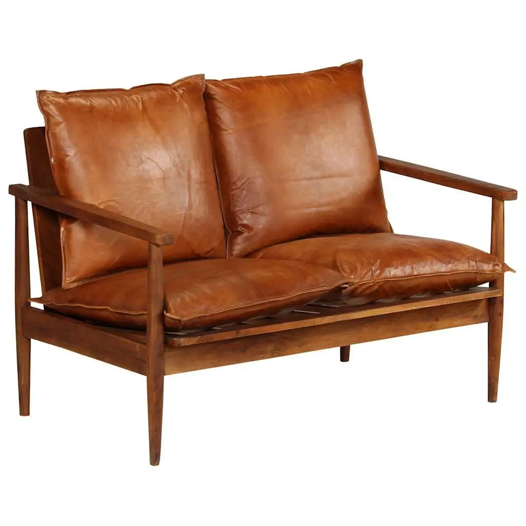 2-Seater Sofa Solid Acacia Wood Frame Goat Leather Upholstery Brown Living Room