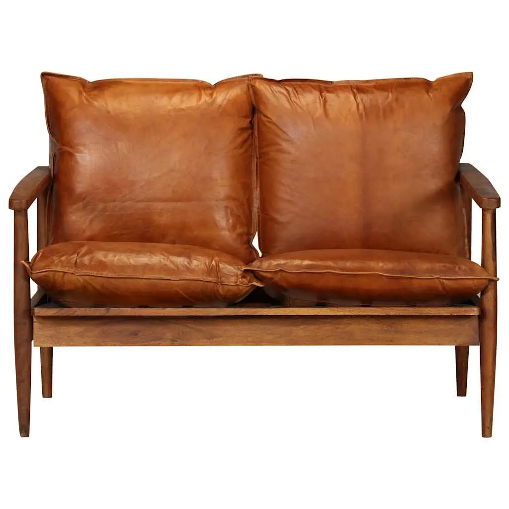 2-Seater Sofa Solid Acacia Wood Frame Goat Leather Upholstery Brown Living Room
