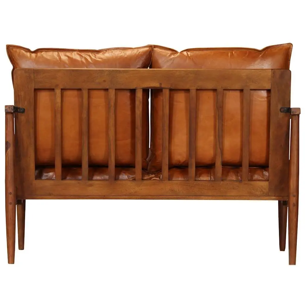 2-Seater Sofa Solid Acacia Wood Frame Goat Leather Upholstery Brown Living Room
