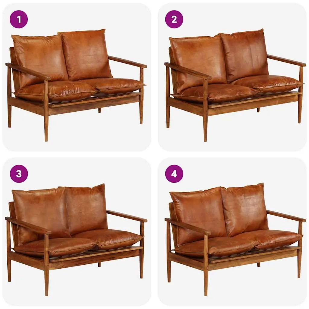 2-Seater Sofa Solid Acacia Wood Frame Goat Leather Upholstery Brown Living Room
