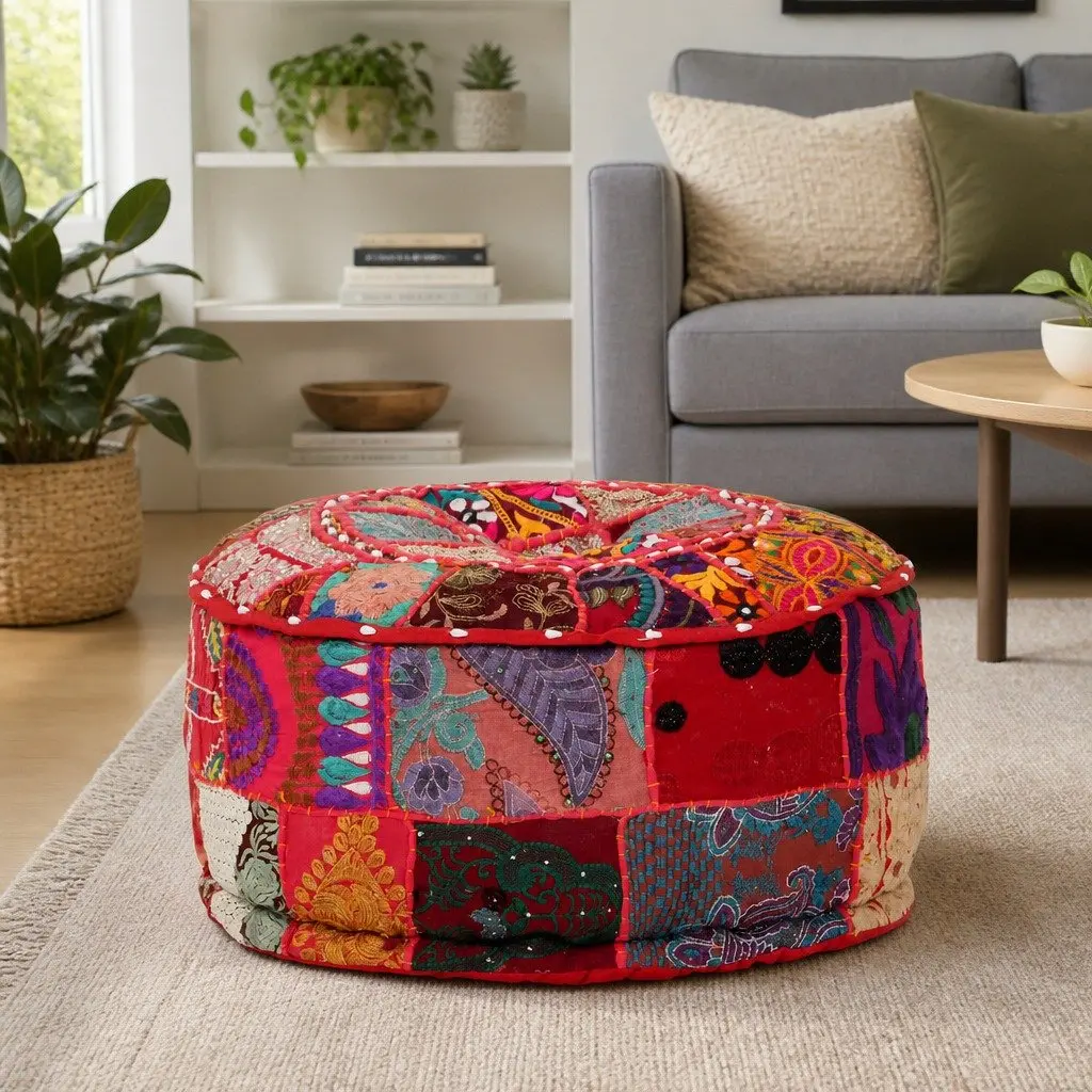 Round Pouffe Ottoman Handmade Cotton 40 x 20 cm Red Patchwork Embroidered