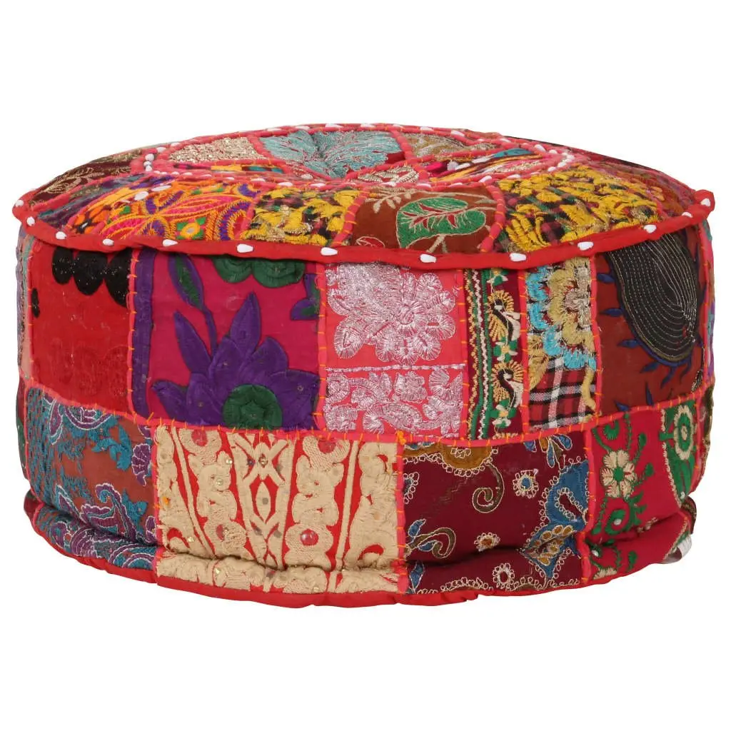 Round Pouffe Ottoman Handmade Cotton 40 x 20 cm Red Patchwork Embroidered