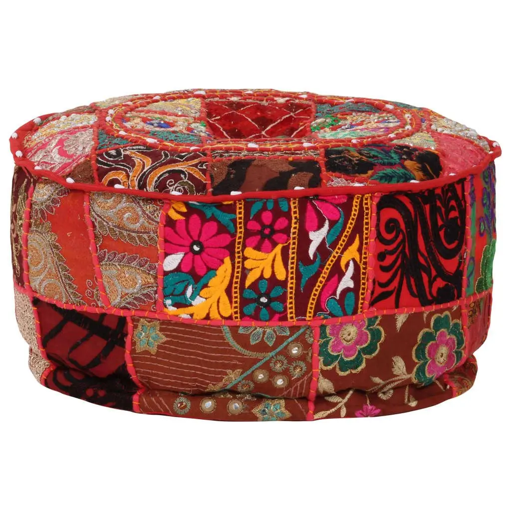 Round Pouffe Ottoman Handmade Cotton 40 x 20 cm Red Patchwork Embroidered