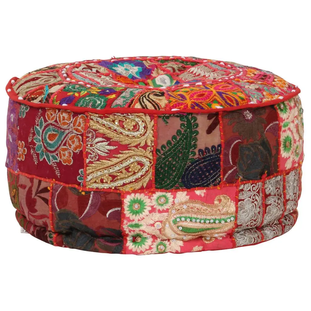 Round Pouffe Ottoman Handmade Cotton 40 x 20 cm Red Patchwork Embroidered