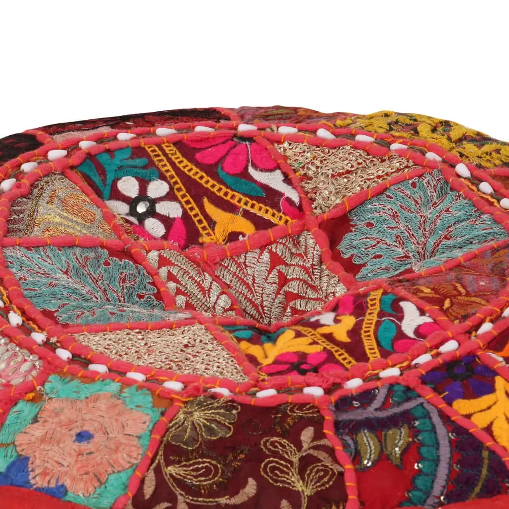 Round Pouffe Ottoman Handmade Cotton 40 x 20 cm Red Patchwork Embroidered
