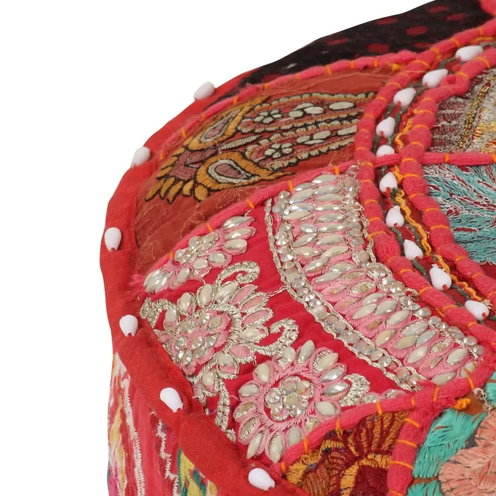 Round Pouffe Ottoman Handmade Cotton 40 x 20 cm Red Patchwork Embroidered