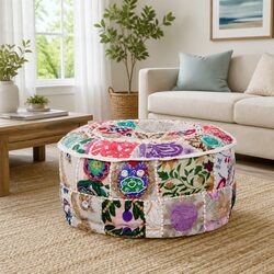 Practical Round Patchwork Pouffe for Everyday Use